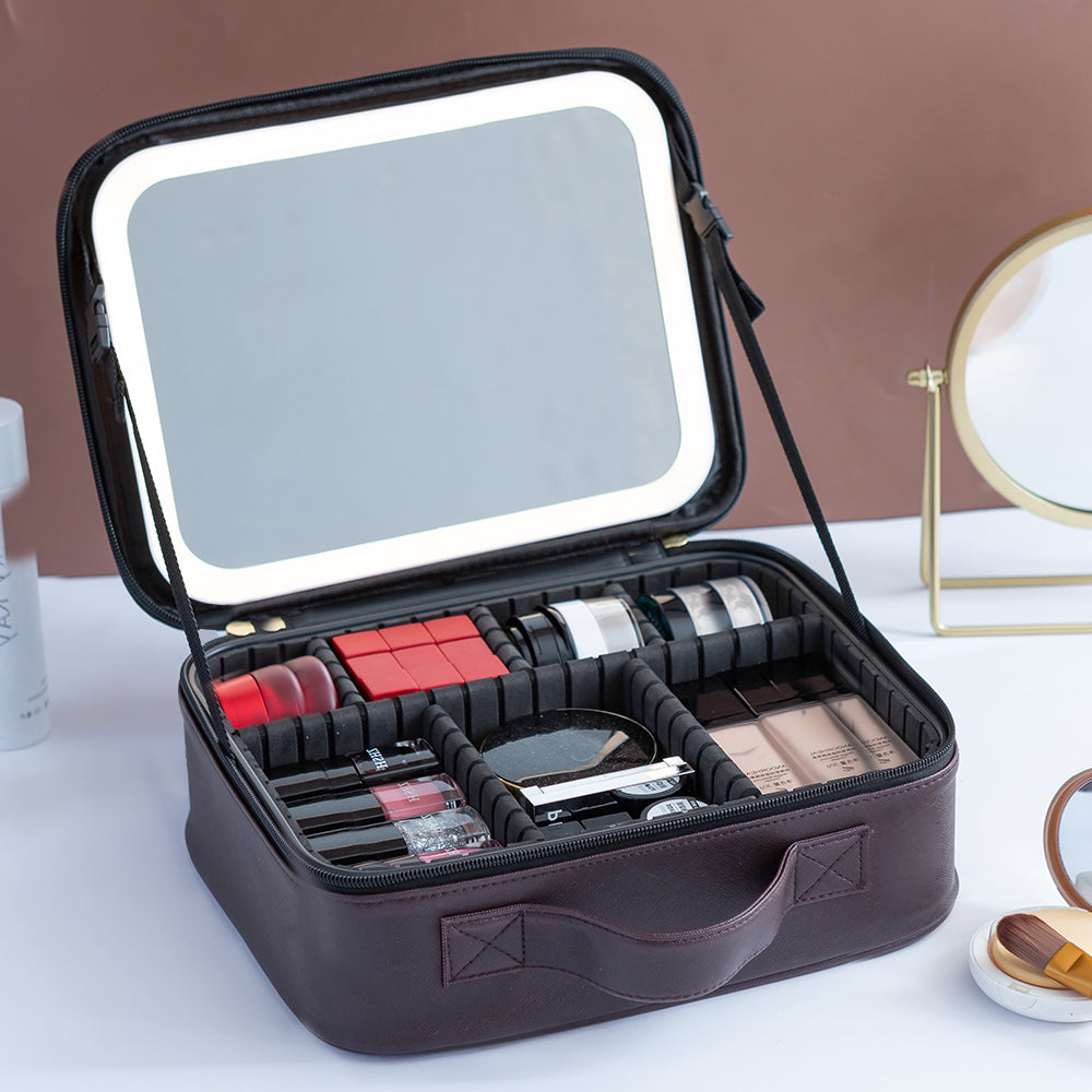 [NEW001]Waterproof Travel Makeup Bag with LED Light and Mirror with Makeup Brushes Organizer Cosmetic Bag Organizer Makeup Train  Case