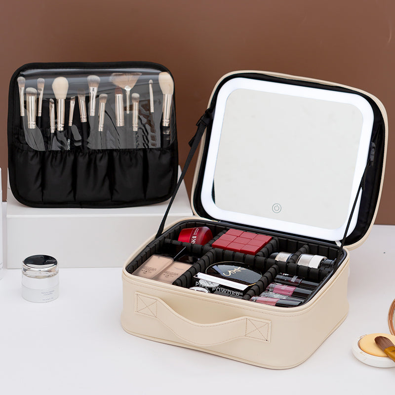 [NEW001]Waterproof Travel Makeup Bag with LED Light and Mirror with Makeup Brushes Organizer Cosmetic Bag Organizer Makeup Train  Case