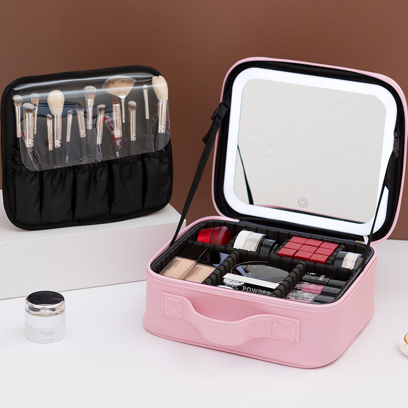 [NEW001]Waterproof Travel Makeup Bag with LED Light and Mirror with Makeup Brushes Organizer Cosmetic Bag Organizer Makeup Train  Case